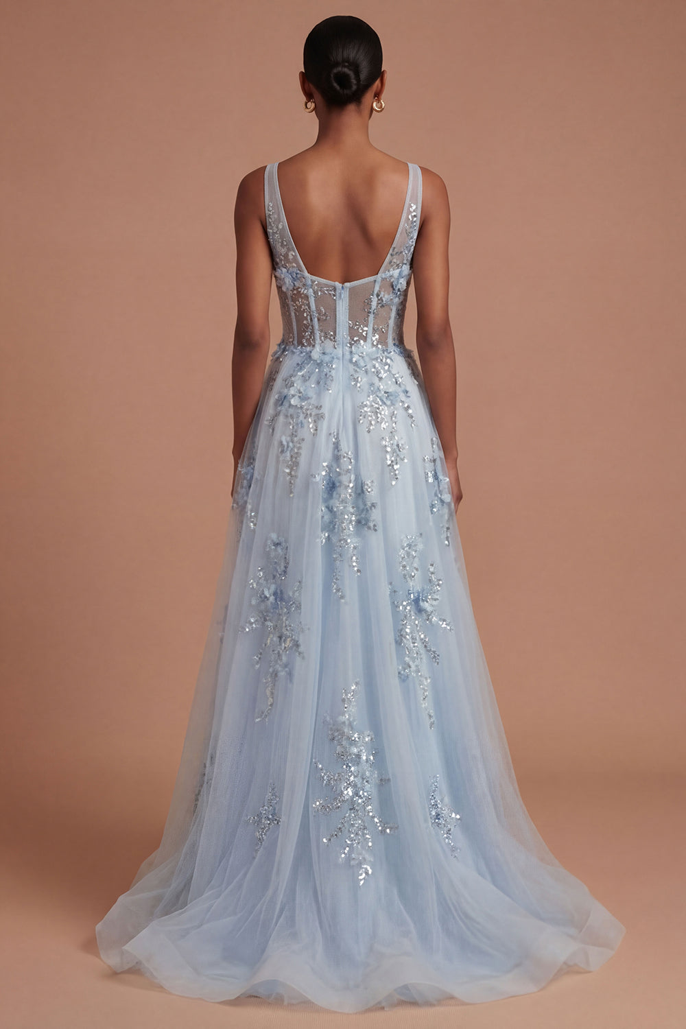 Appliqued Floral Thick Straps Corset Blue Long Prom Dress with Slit