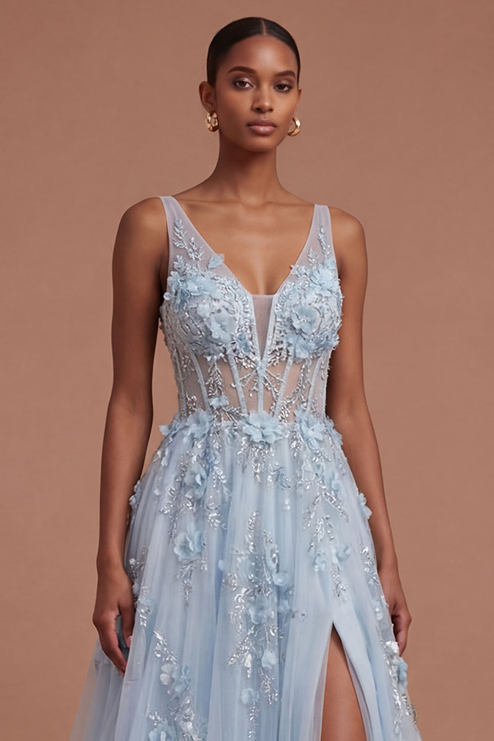 Appliqued Floral Thick Straps Corset Blue Long Prom Dress with Slit