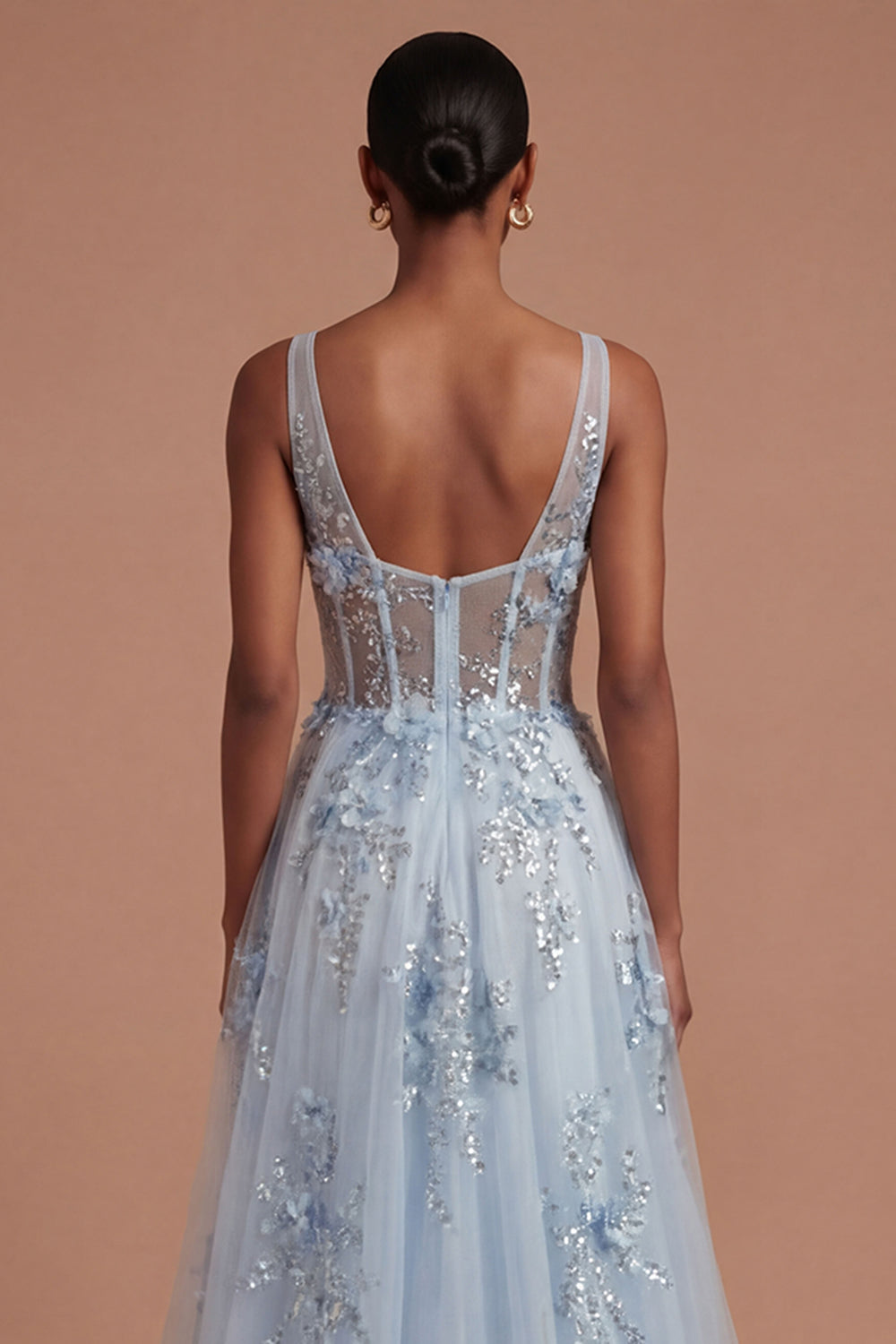 Appliqued Floral Thick Straps Corset Blue Long Prom Dress with Slit