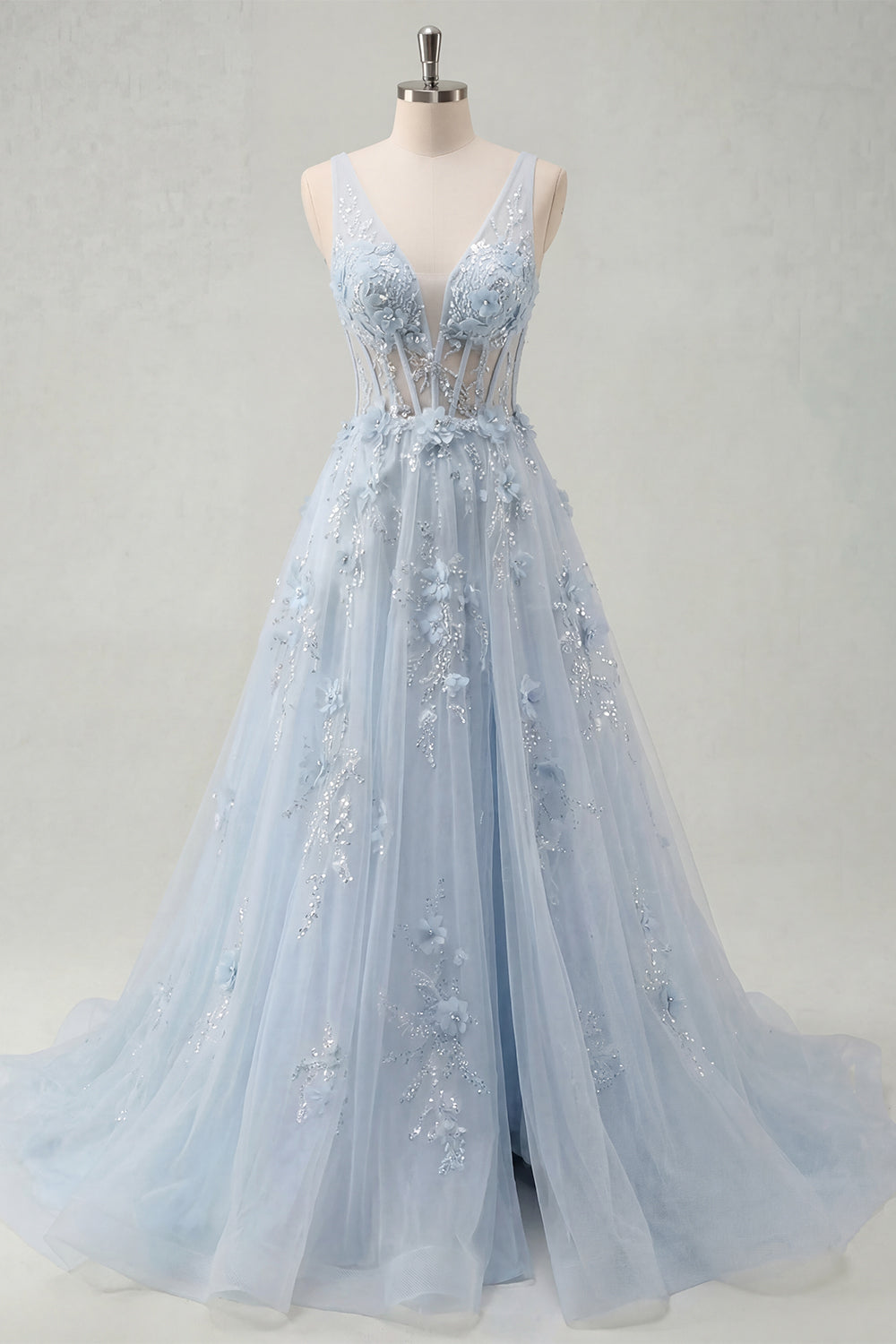 Appliqued Floral Thick Straps Corset Blue Long Prom Dress with Slit