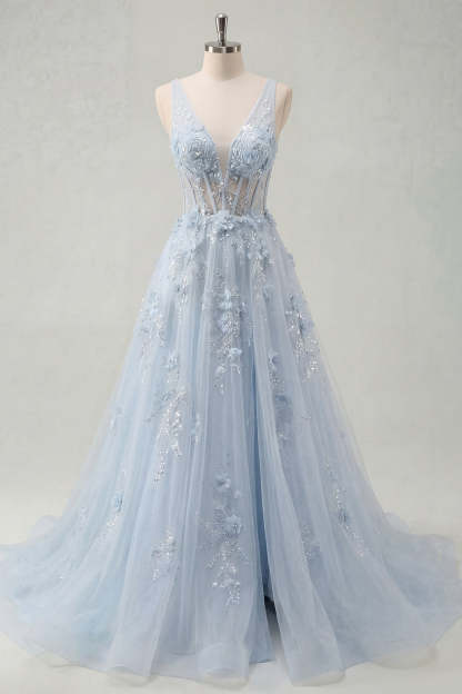 Appliqued Floral Thick Straps Corset Blue Long Prom Dress with Slit