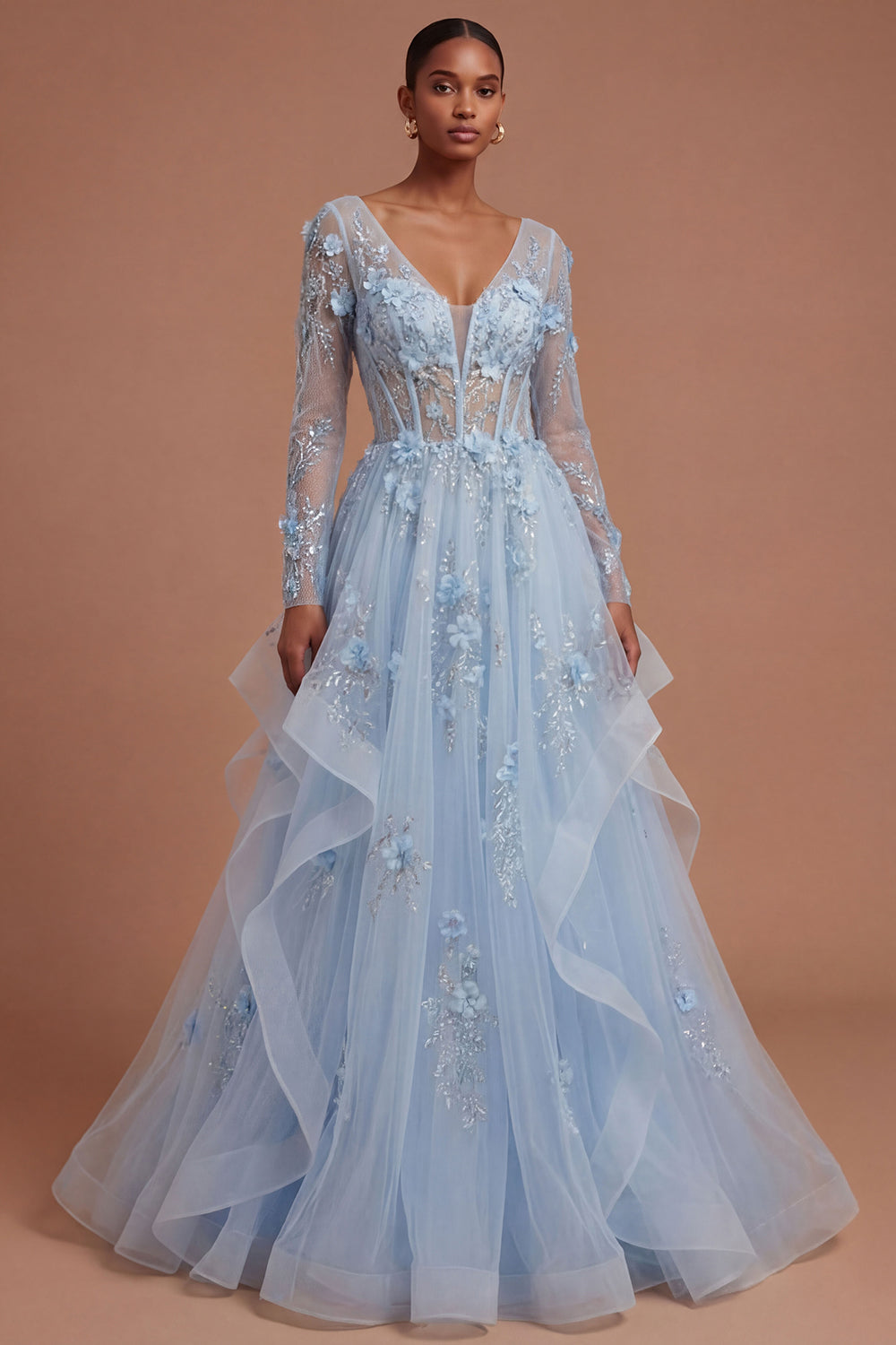 Leely Women Long Sleeves Corset Floral Blue Long Prom Dress Appliqued V Neck Evening Dress