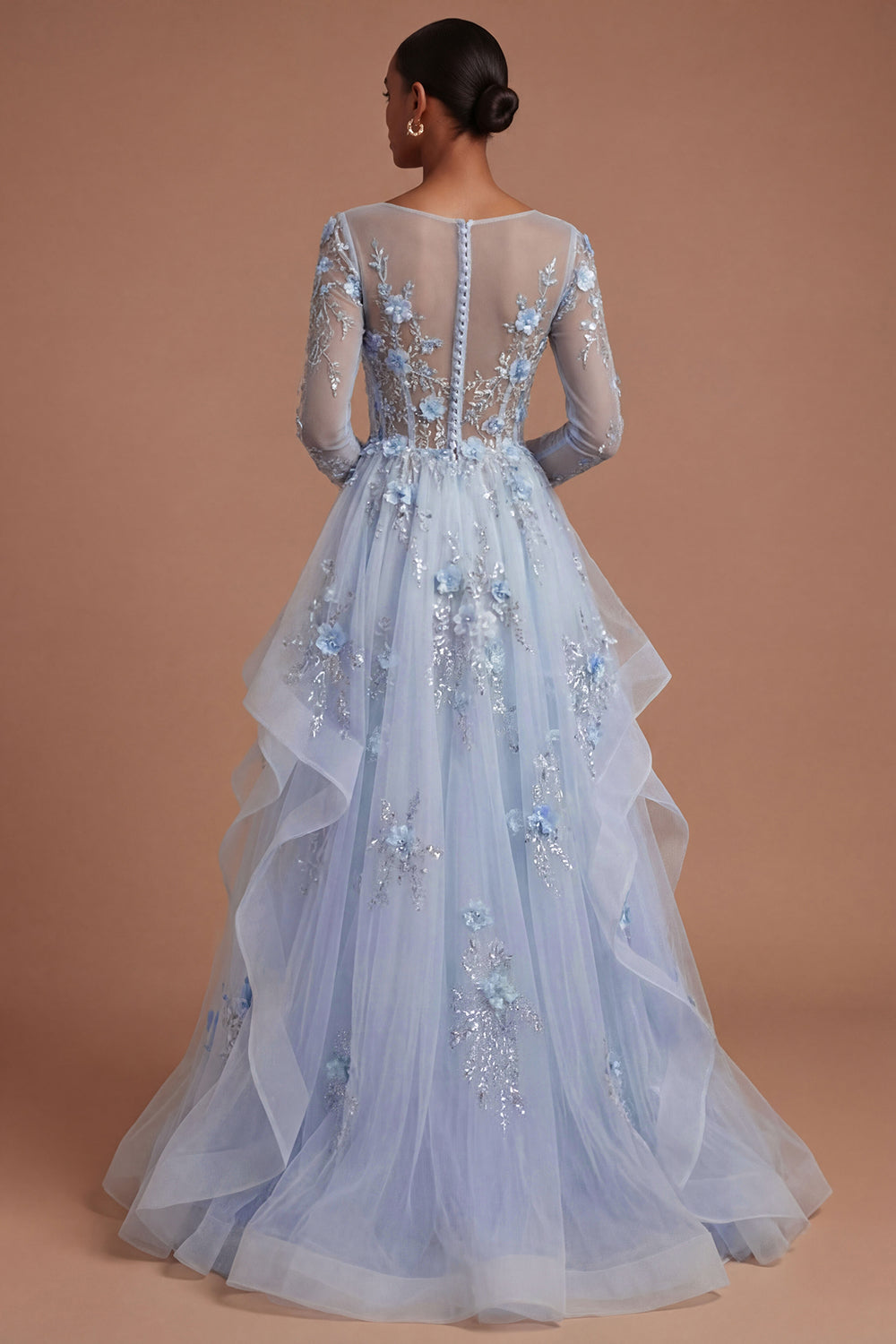 Long Sleeves Corset Floral Blue Long Prom Dress