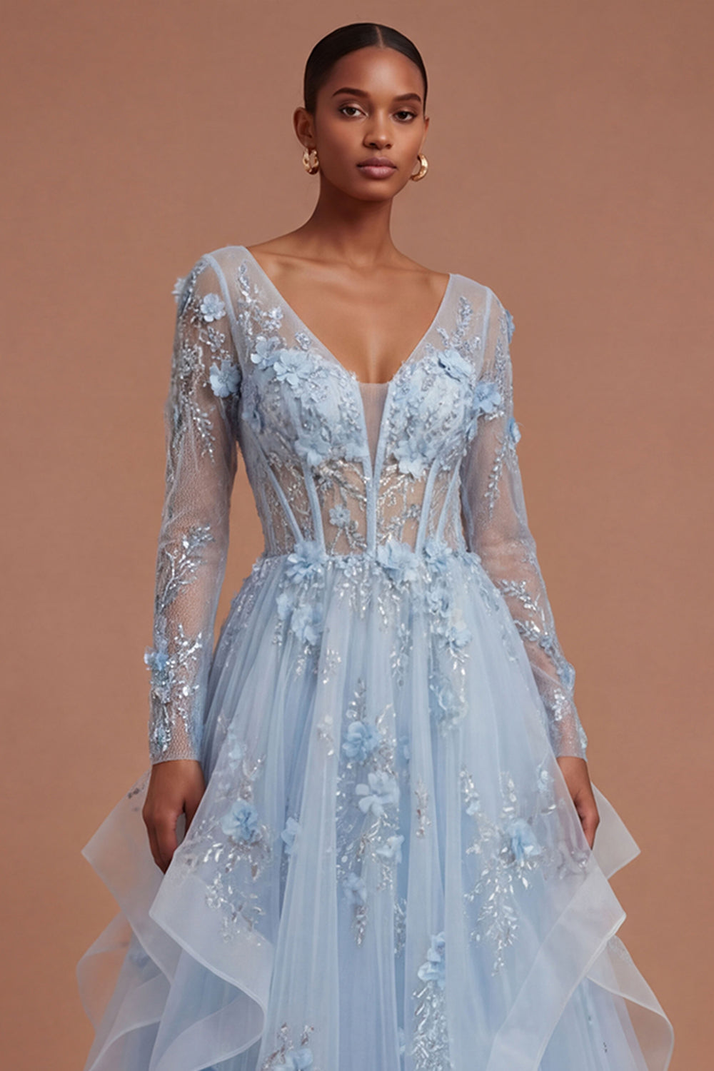Long Sleeves Corset Floral Blue Long Prom Dress