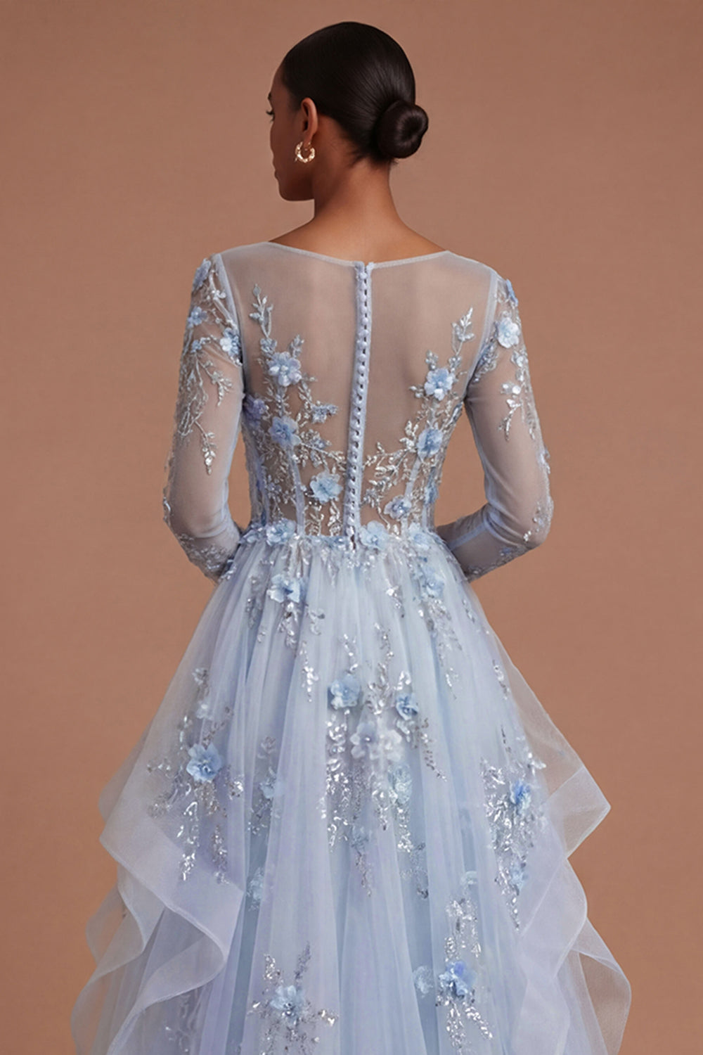 Long Sleeves Corset Floral Blue Long Prom Dress