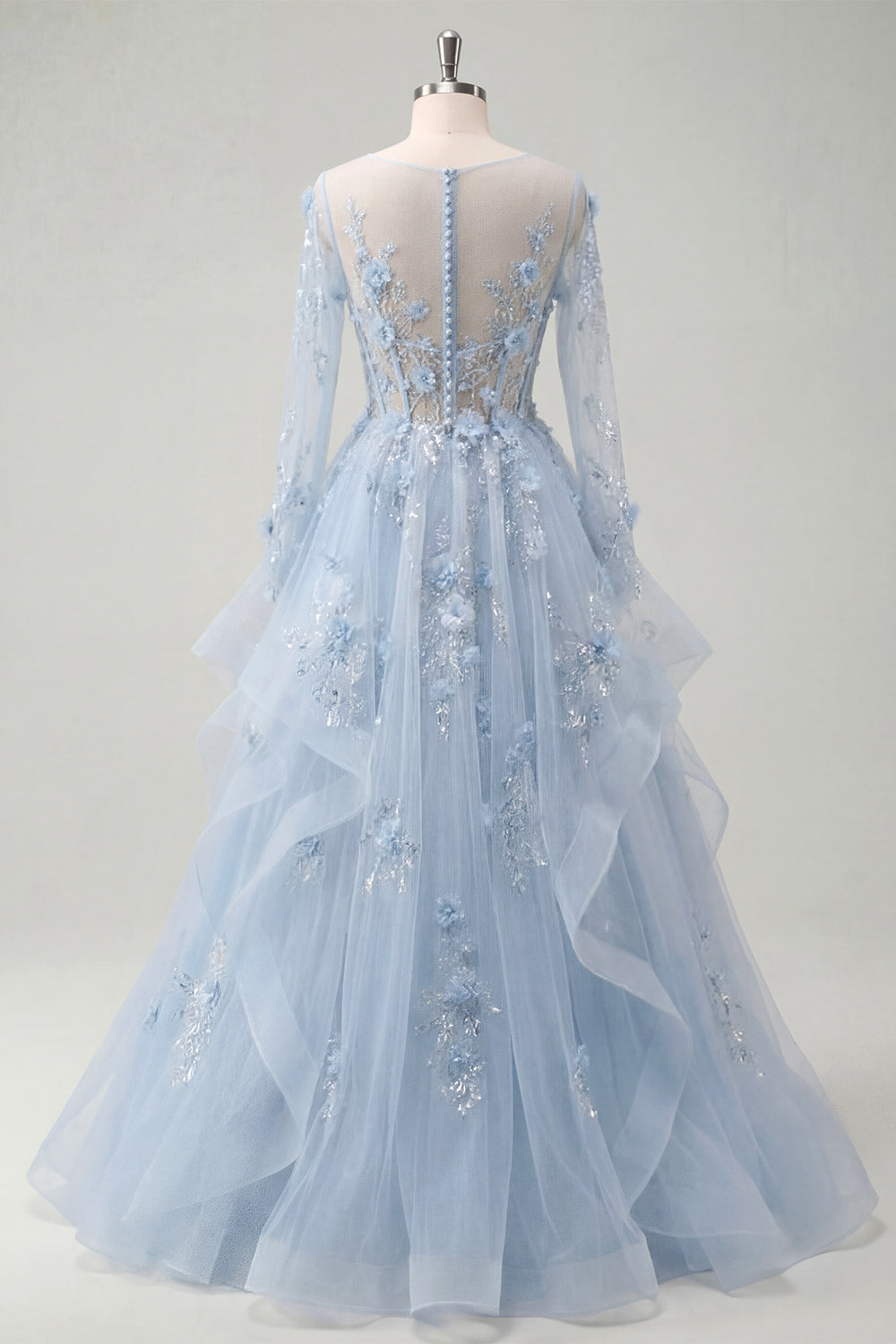 Long Sleeves Corset Floral Blue Long Prom Dress