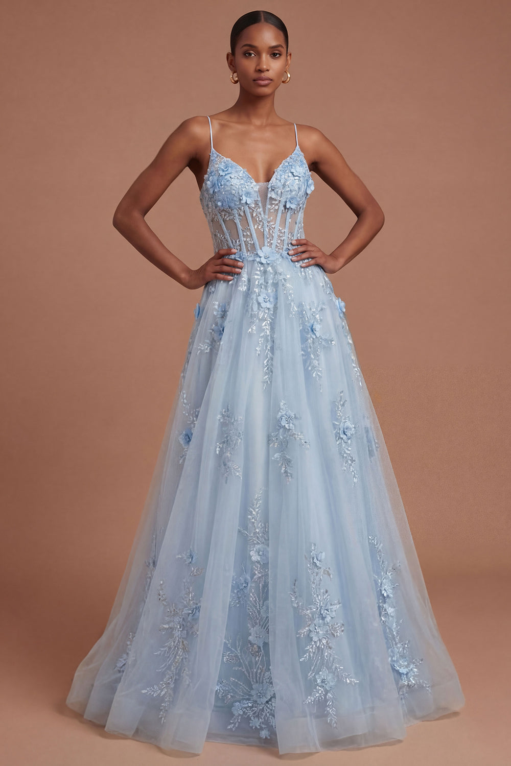 Leely Women A Line Corset Floral Blue Long Prom Dress Spaghetti Straps Sleeveless Evening Dress