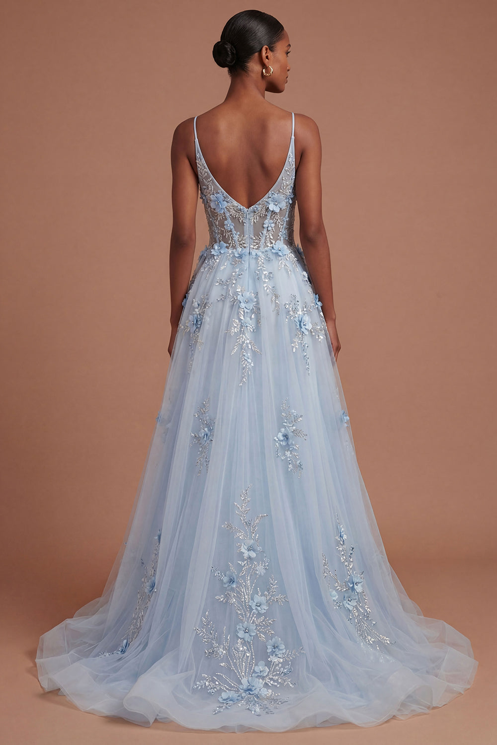 A Line Corset Floral Blue Long Prom Dress