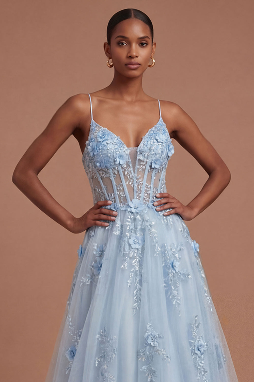 A Line Corset Floral Blue Long Prom Dress