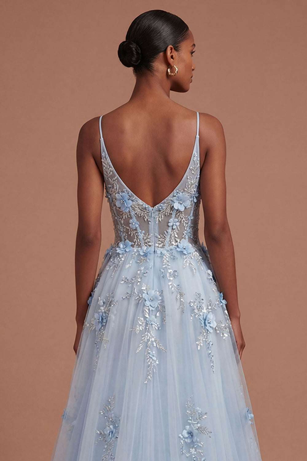 A Line Corset Floral Blue Long Prom Dress