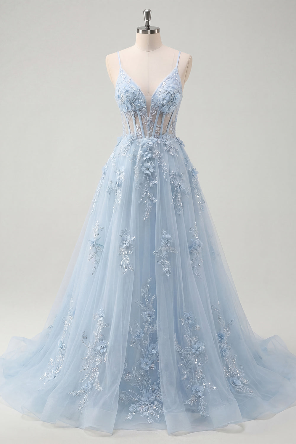 A Line Corset Floral Blue Long Prom Dress