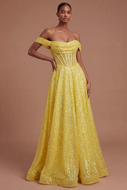 Leely Women A Line Sparkly Off the Shoulder Yellow Long Prom Dress Backless Sleeveless Evening Dress