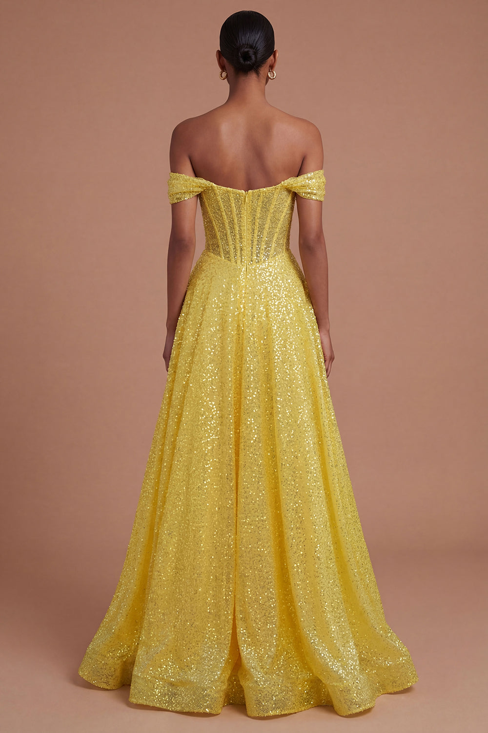 A Line Sparkly Off the Shoulder Yellow Long Prom Dress