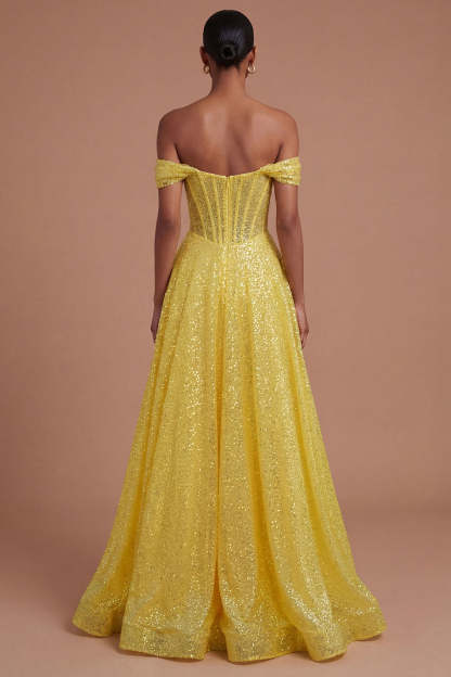 A Line Sparkly Off the Shoulder Yellow Long Prom Dress
