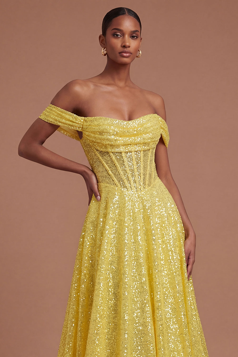 A Line Sparkly Off the Shoulder Yellow Long Prom Dress