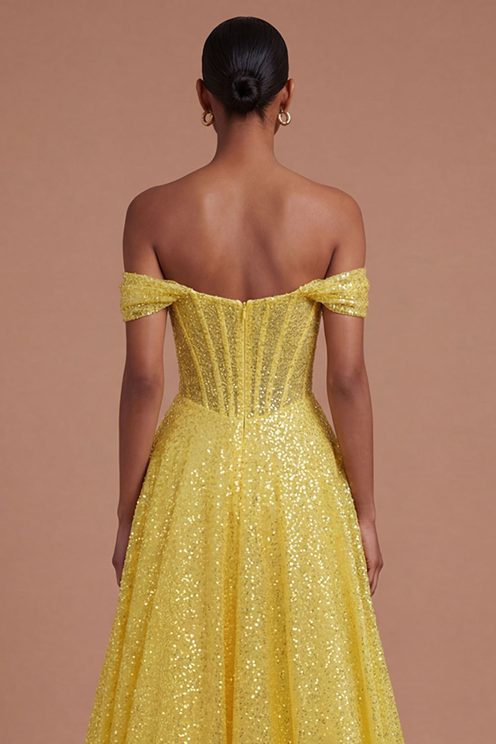 A Line Sparkly Off the Shoulder Yellow Long Prom Dress