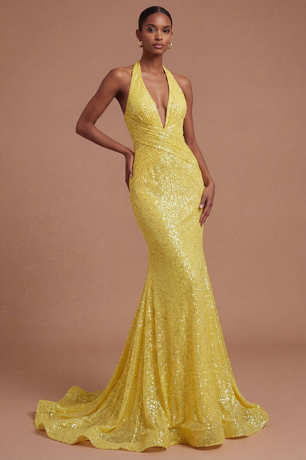 Leely Women Sparkly Yellow Halter Neck Mermaid Long Prom Dress Backless Sleeveless Wedding Guest Dress