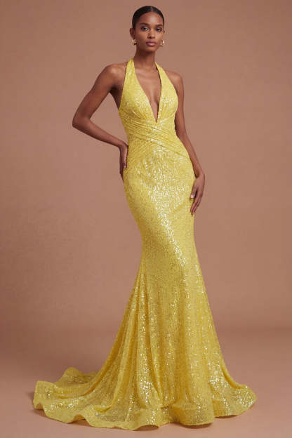 Leely Women Sparkly Yellow Halter Neck Mermaid Long Prom Dress Backless Sleeveless Wedding Guest Dress