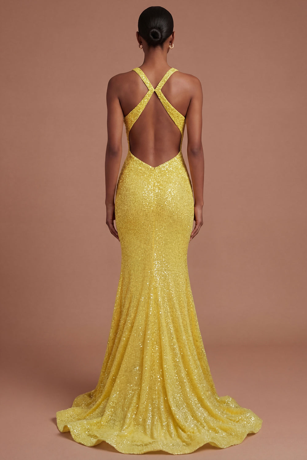 Sparkly Yellow Halter Neck Mermaid Long Prom Dress