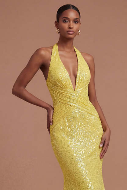 Sparkly Yellow Halter Neck Mermaid Long Prom Dress