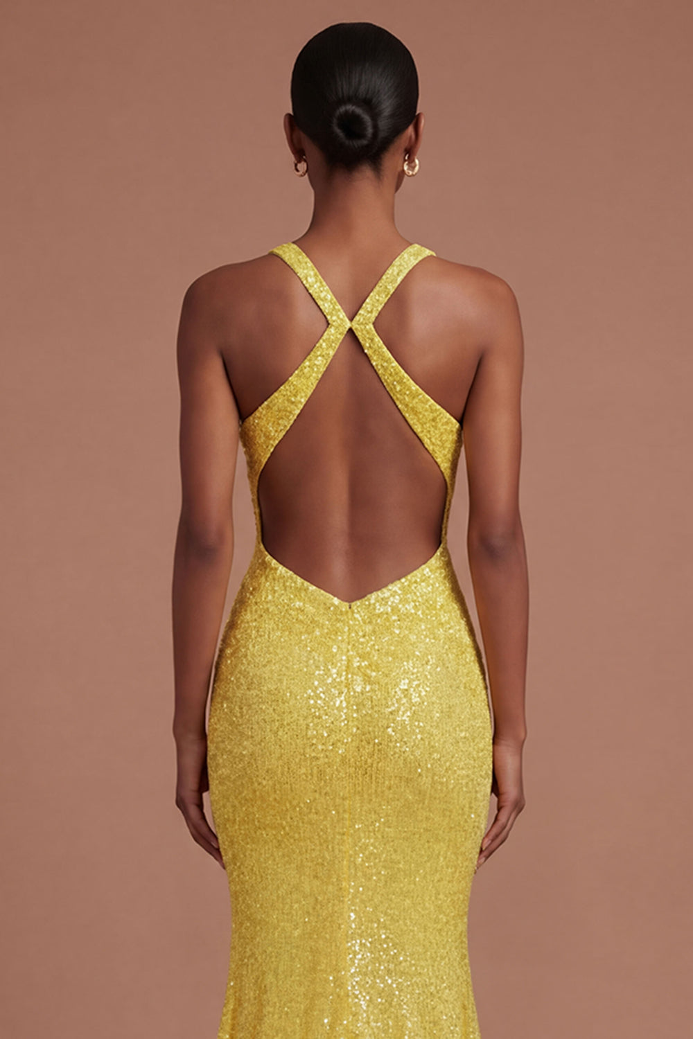 Sparkly Yellow Halter Neck Mermaid Long Prom Dress