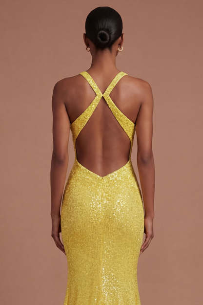 Sparkly Yellow Halter Neck Mermaid Long Prom Dress