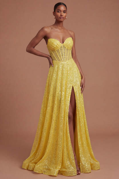 Leely Women Sweetheart Yellow Corset Sparkly Yellow Long Prom Dress with Slit Backless Sleeveless A Line Evening Dress