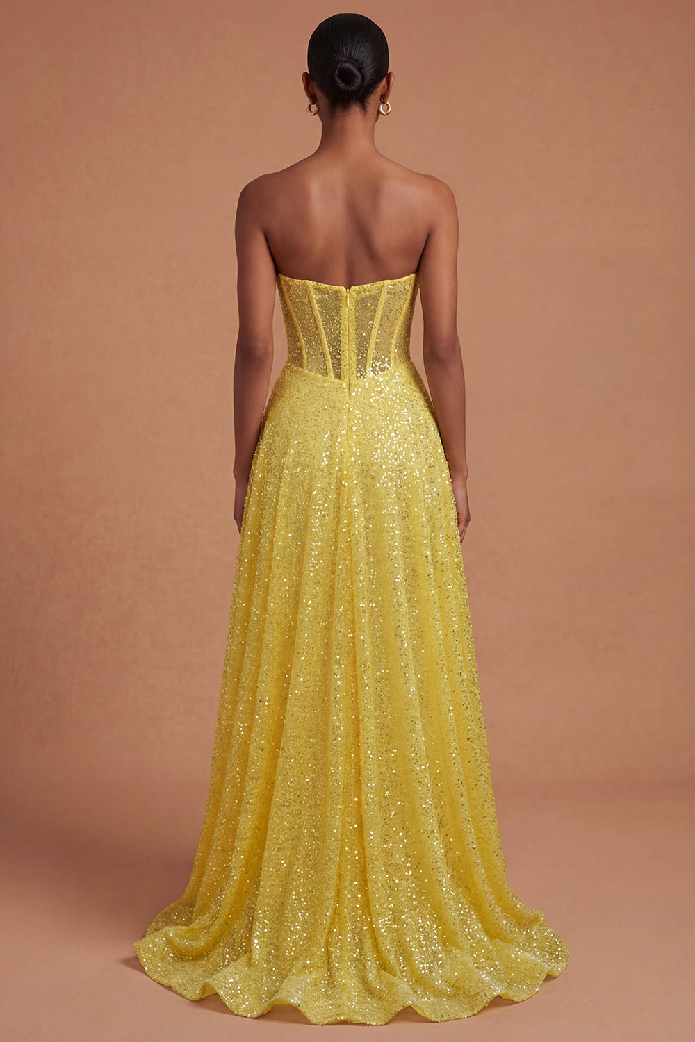 Sweetheart Yellow A Line Corset Sparkly Yellow Long Prom Dress with Slit