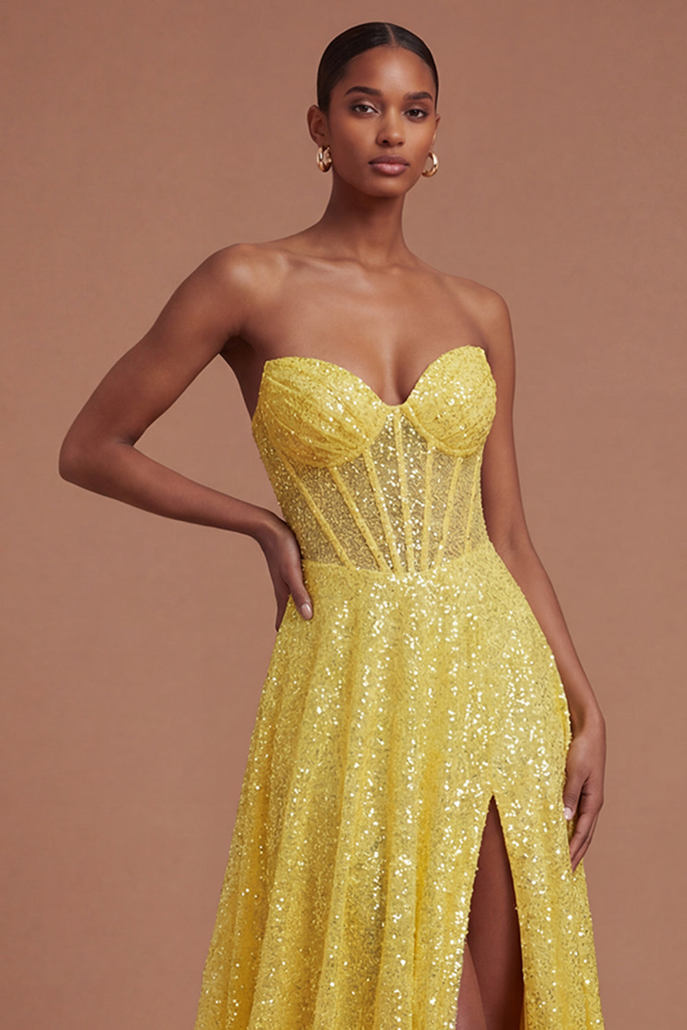 Sweetheart Yellow A Line Corset Sparkly Yellow Long Prom Dress with Slit