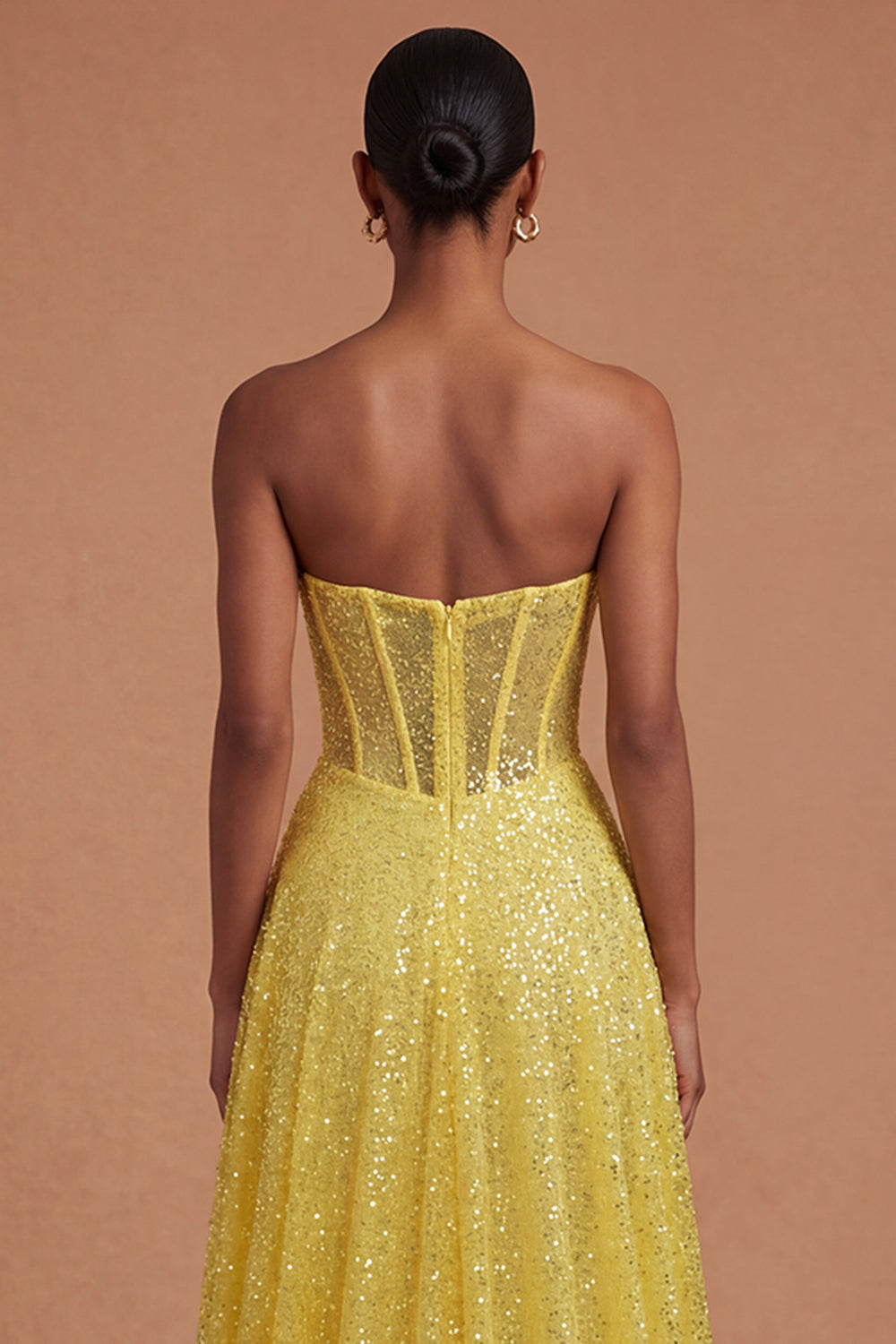 Sweetheart Yellow A Line Corset Sparkly Yellow Long Prom Dress with Slit