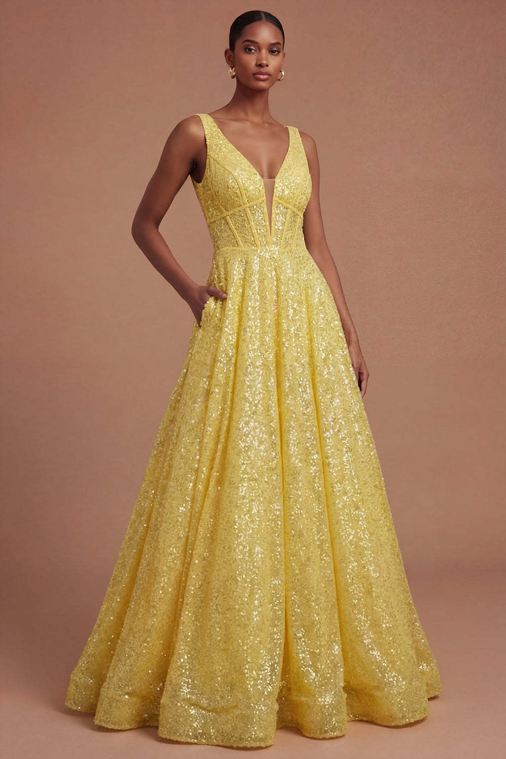 Leely Women V Neck Yellow A Line Corset Long Prom Dress Backless Sparky Sleeveless Wedding Guest Dress