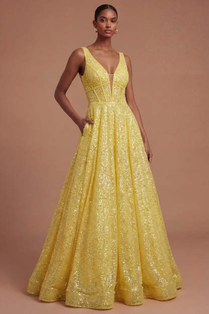 Leely Women V Neck Yellow A Line Corset Long Prom Dress Backless Sparky Sleeveless Wedding Guest Dress