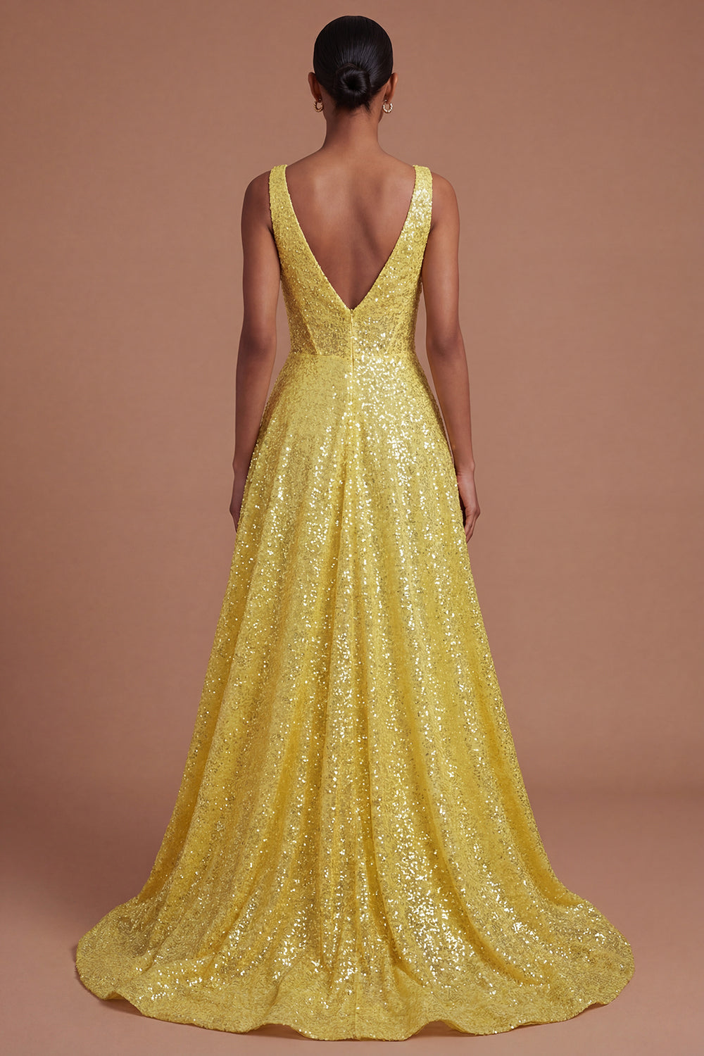 V Neck Yellow A Line Corset Long Prom Dress