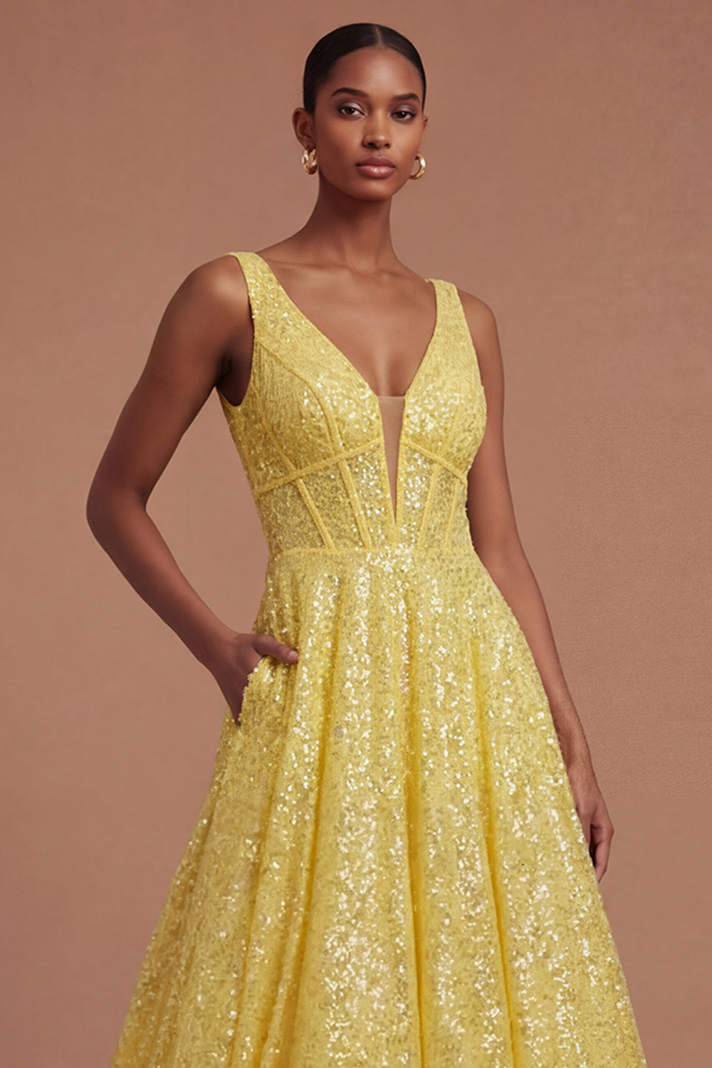 V Neck Yellow A Line Corset Long Prom Dress