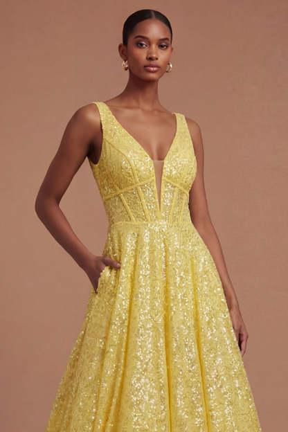 V Neck Yellow A Line Corset Long Prom Dress