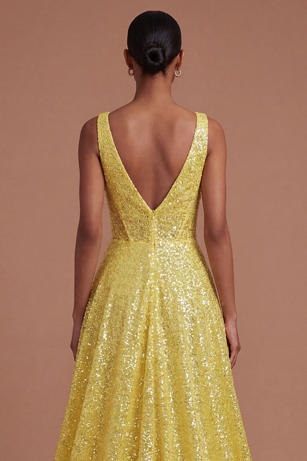V Neck Yellow A Line Corset Long Prom Dress