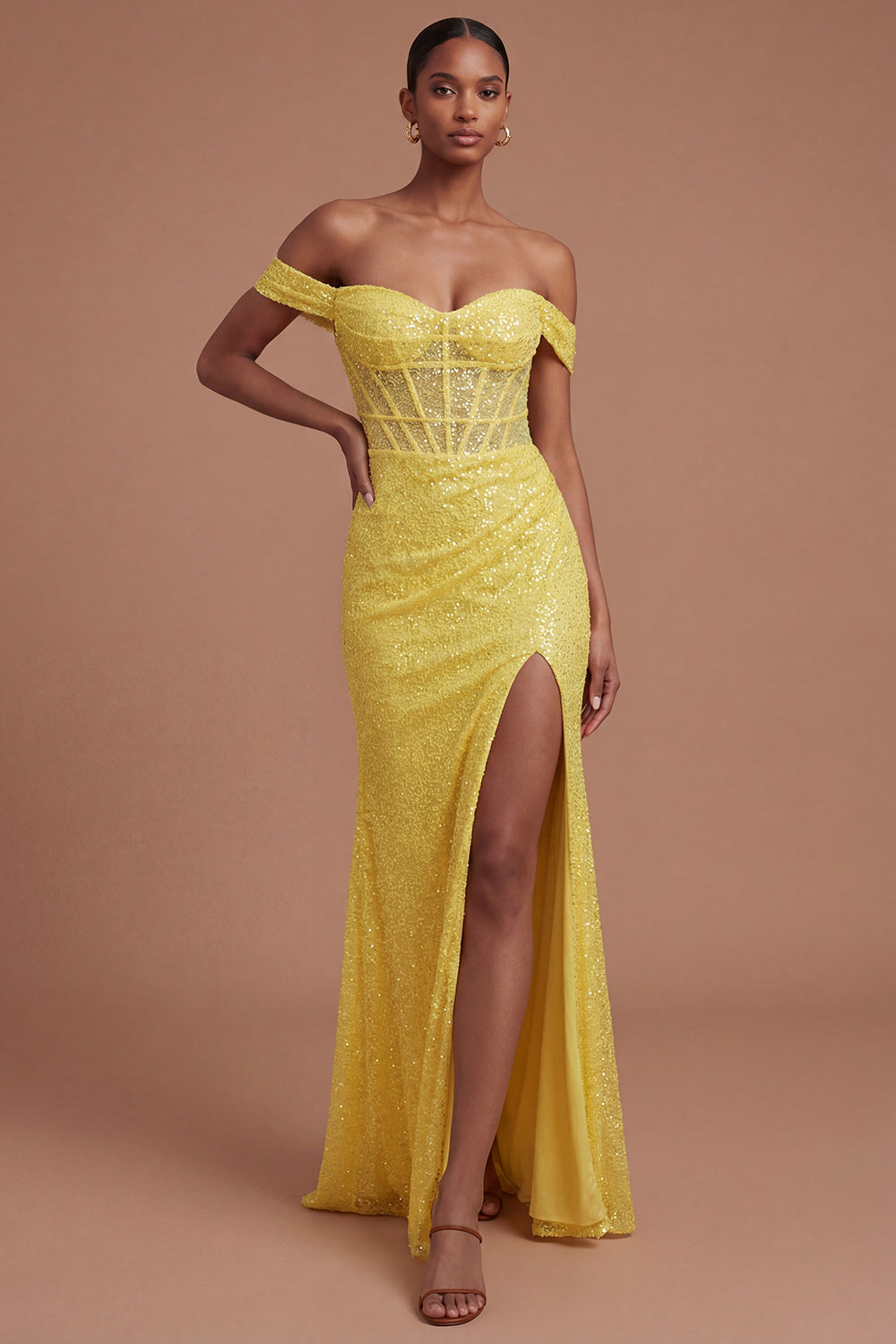 Leely Women Corset Mermaid Sparkly Yellow Long Prom Dress with Slit Off the Shoulder Backless Sleeveless Evening Dress