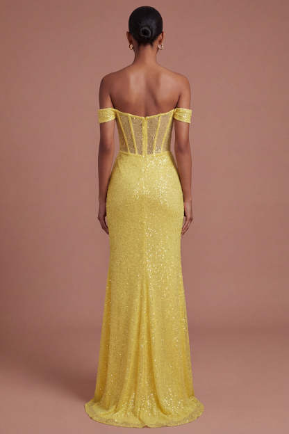 Corset Mermaid Sparkly Yellow Long Prom Dress with Slit