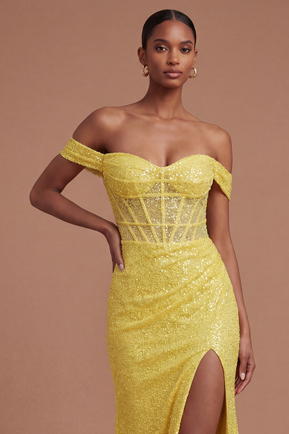 Corset Mermaid Sparkly Yellow Long Prom Dress with Slit