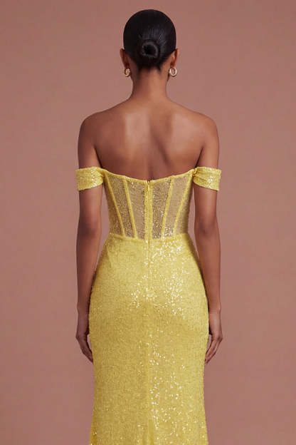 Corset Mermaid Sparkly Yellow Long Prom Dress with Slit