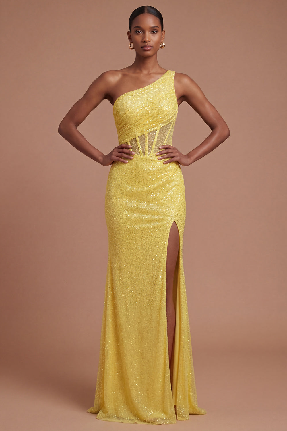One Shoulder Corset Sparkly Yellow Mermaid Long Prom Dress with Slit