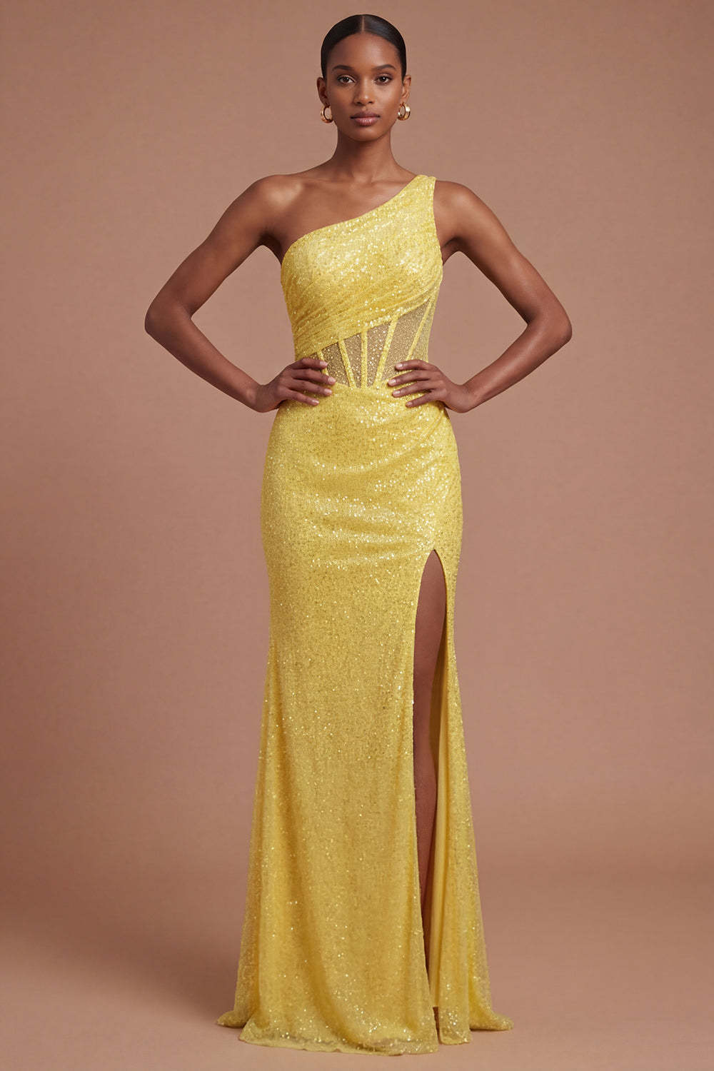 Leely Women One Shoulder Corset Yellow Mermaid Long Prom Dress with Slit Backless Sleeveless Sparkly Evening Dress