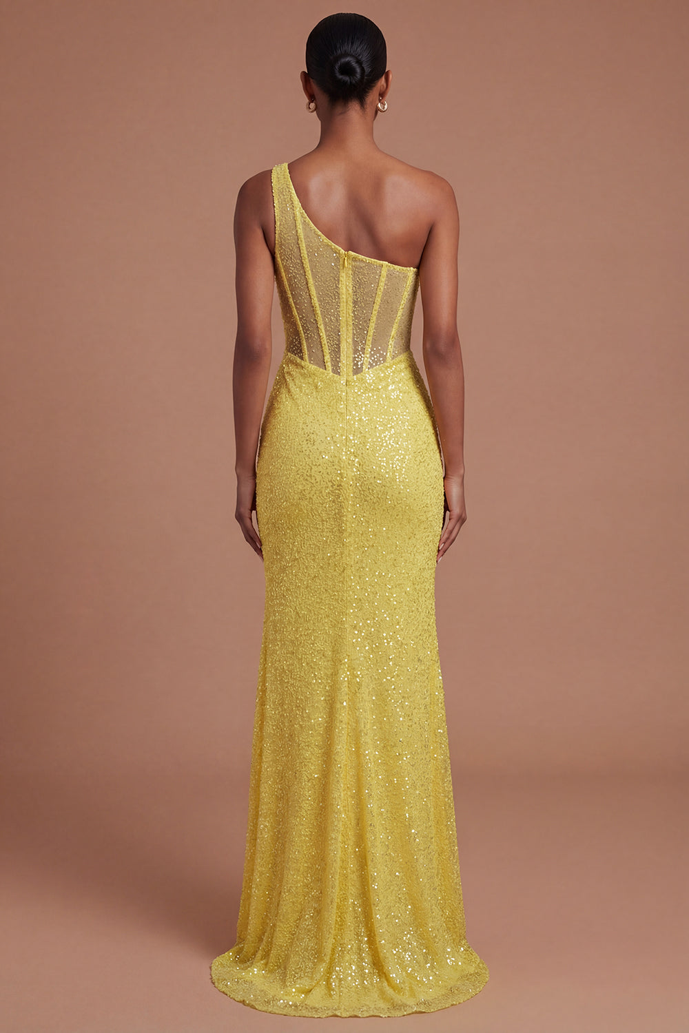 One Shoulder Corset Sparkly Yellow Mermaid Long Prom Dress with Slit