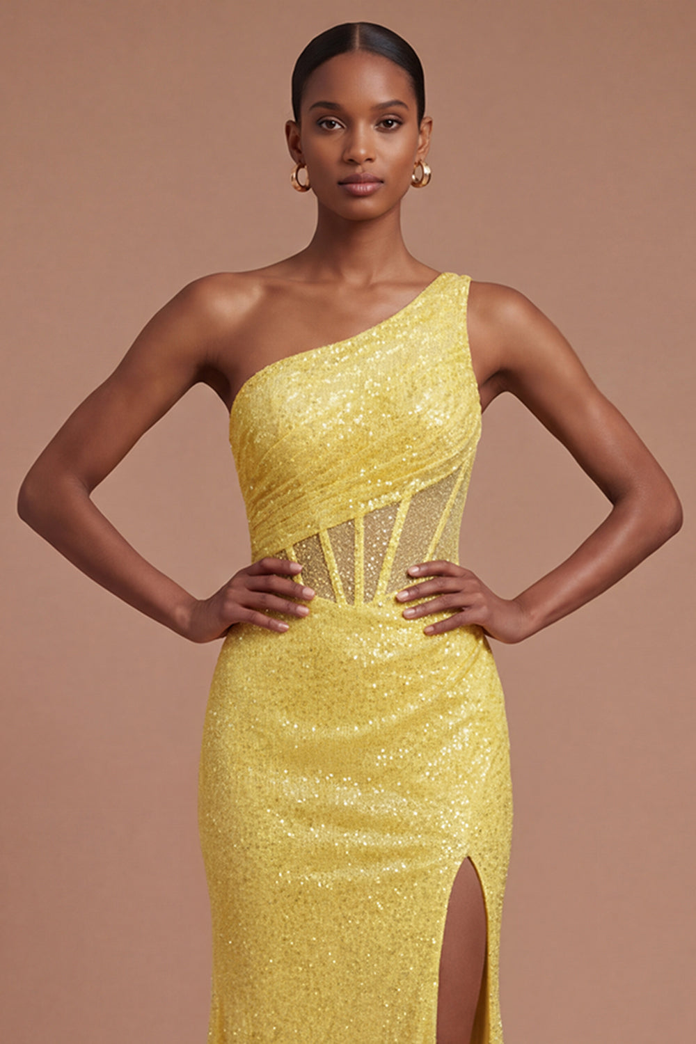 One Shoulder Corset Sparkly Yellow Mermaid Long Prom Dress with Slit