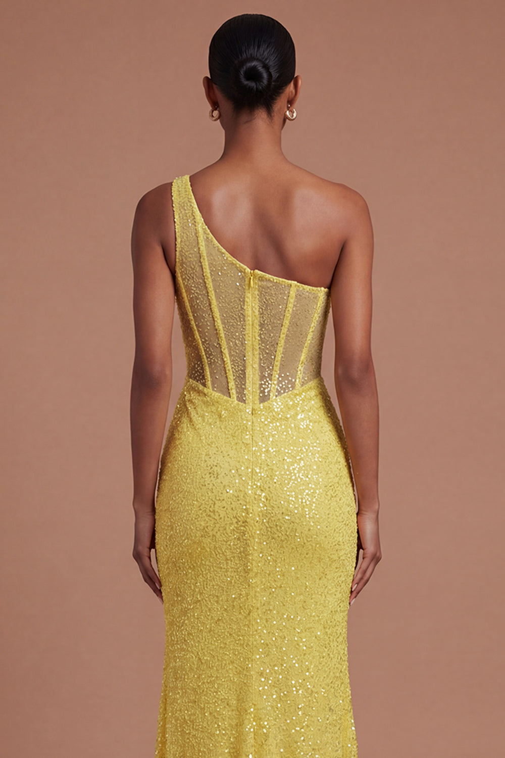 One Shoulder Corset Sparkly Yellow Mermaid Long Prom Dress with Slit