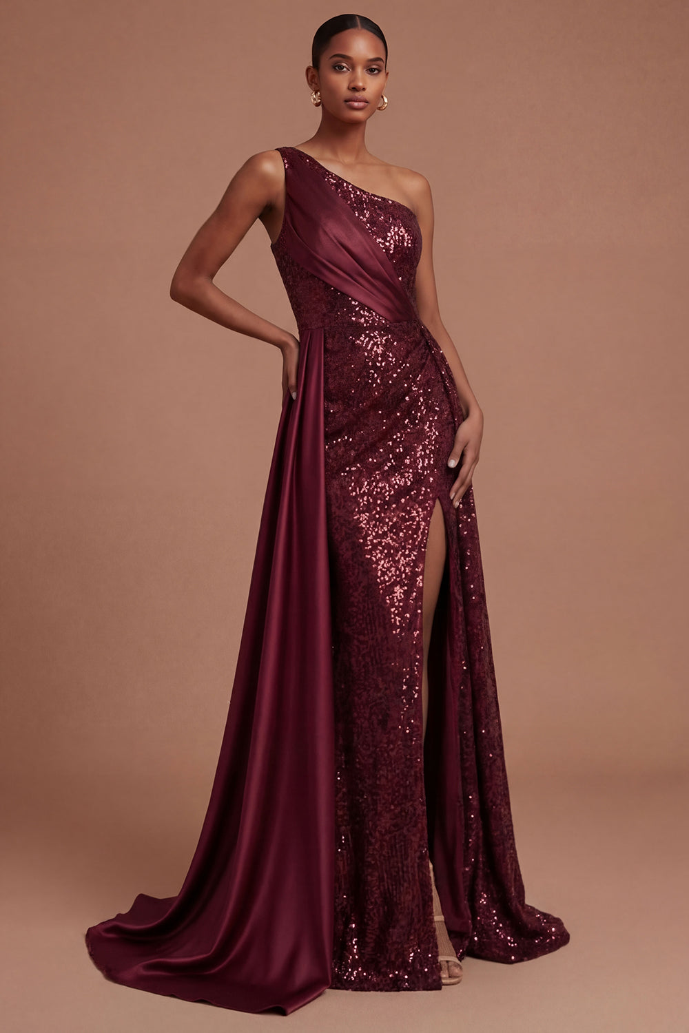 Leely Women Burgundy Mermaid Sparkly Sequined Long Prom Dress with Slit Backless Ruched Sleeveless Wedding Guest Dress