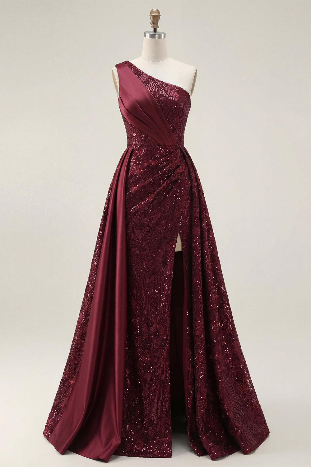 Burgundy Mermaid Sparkly Sequined Long Prom Dress with Slit