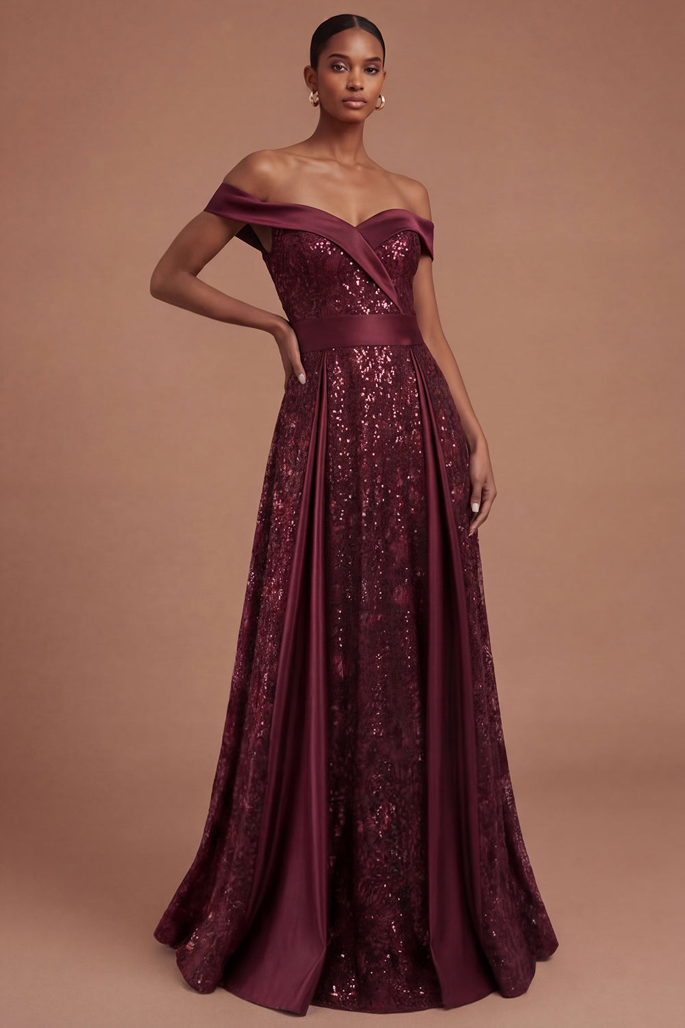 Burgundy Off the Shoulder Sparkly Sequined Long Prom Dress