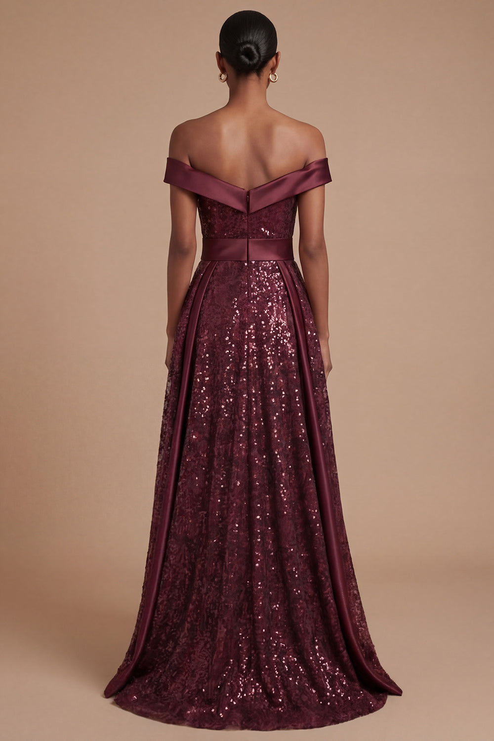 Burgundy Off the Shoulder Sparkly Sequined Long Prom Dress