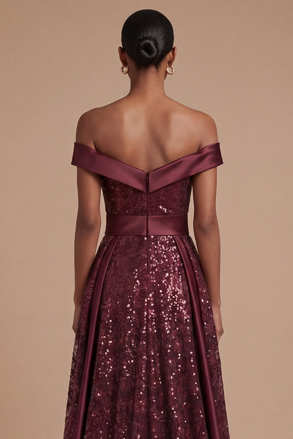 Burgundy Off the Shoulder Sparkly Sequined Long Prom Dress